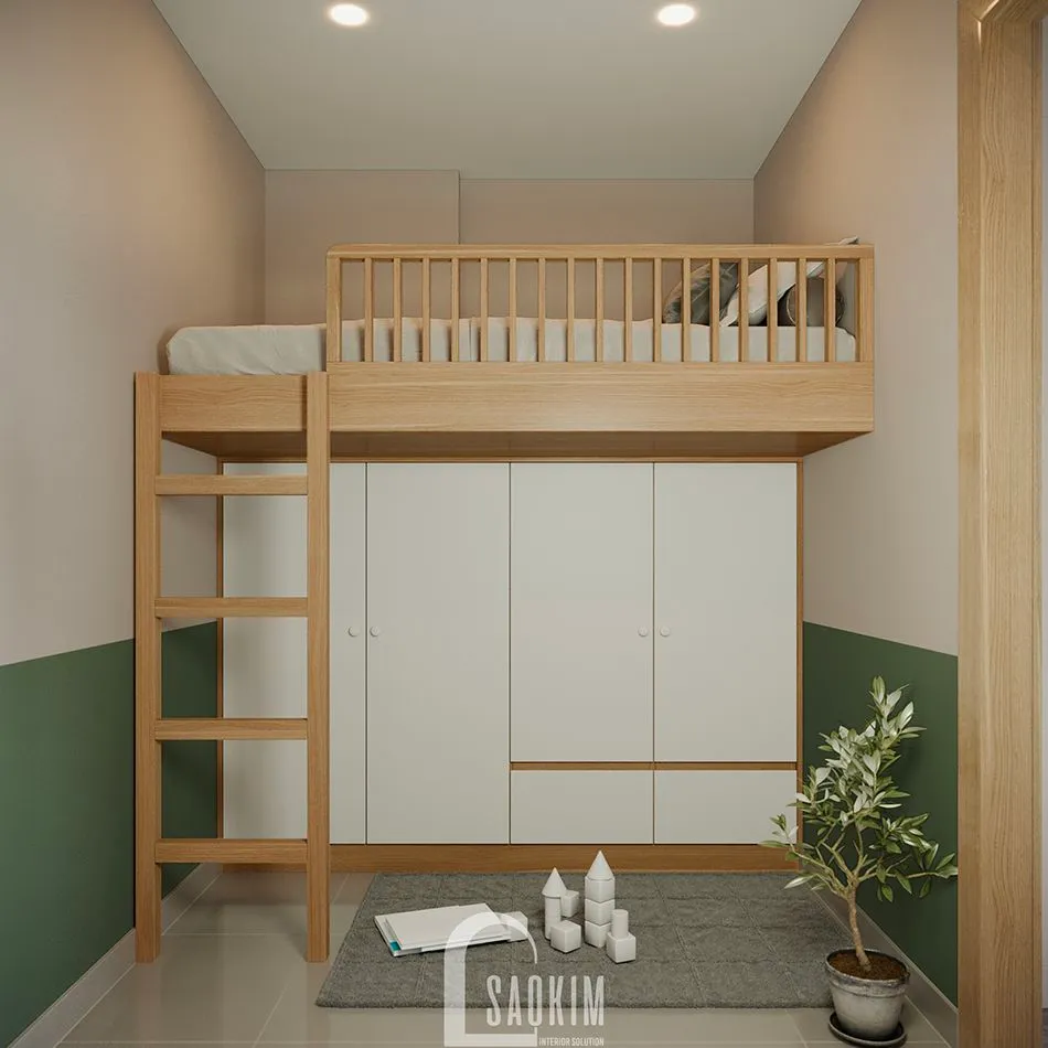 Phòng ngủ nhỏ nằm phía sau vách ngăn ở phòng khách tiện lợi và tối ưu hoá không gian