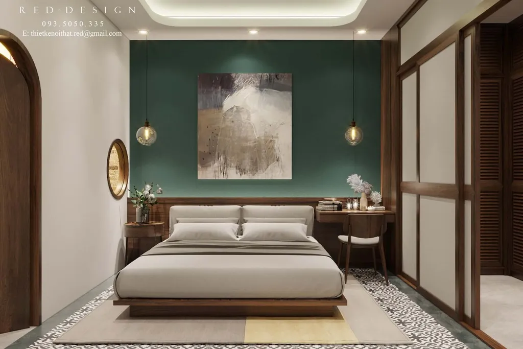 Phòng ngủ nổi bật với cửa kéo bằng gỗ và bức tranh sơn dầu treo đầu giường