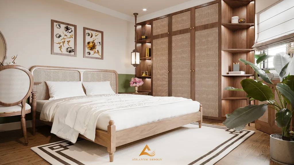 Phòng ngủ phong cách Đông Dương vẫn chọn chất liệu gỗ làm chủ đạo, tone màu trắng thanh lịch kết hợp với nâu gỗ ấm áp mang lại không gian nghỉ ngơi thoải mái cho gia chủ