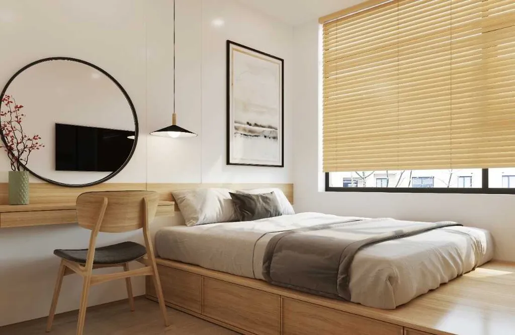 Phòng ngủ phong cách Japandi giản dị mà tiện nghi.