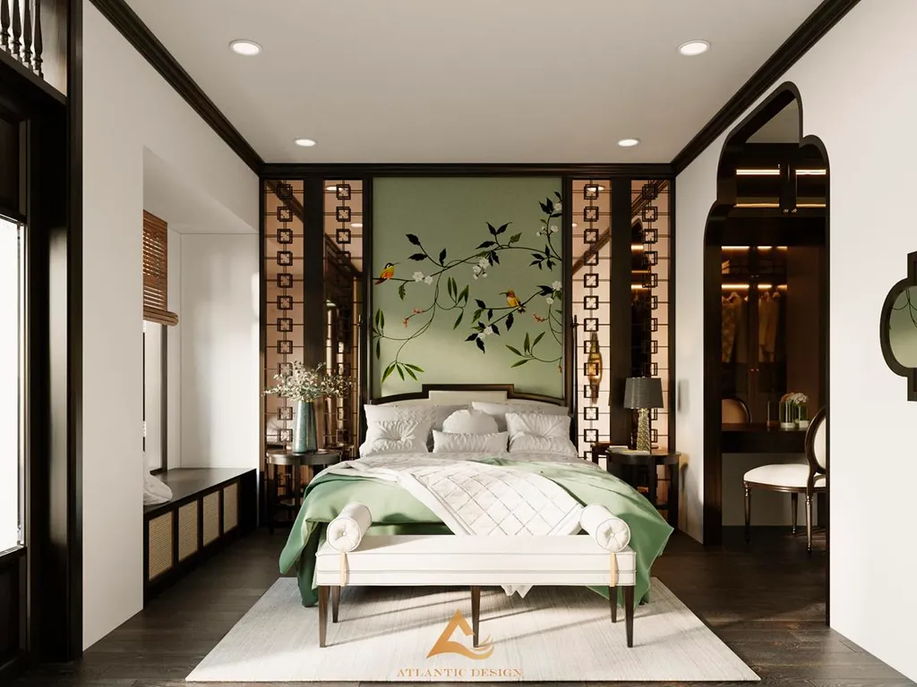 Phòng ngủ sử dụng toàn bộ nội thất bằng gỗ với các màu sắc trung tính tạo cảm giác thoải mái cho gia chủ
