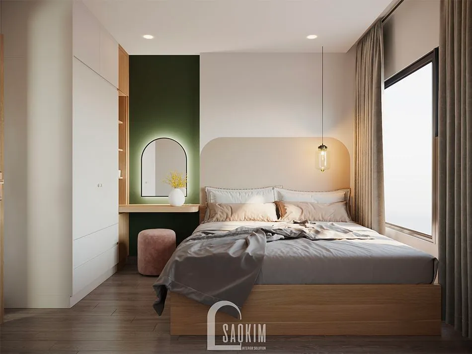 Phòng ngủ tại chung cư Conic Riverside được thiết kế đơn giản với gương và bàn trang điểm cùng tủ quần áo giản dị