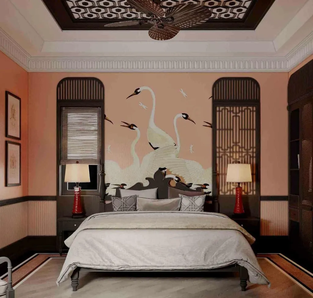 Phòng ngủ theo phong cách Indochine ấn tượng và sang trọng.