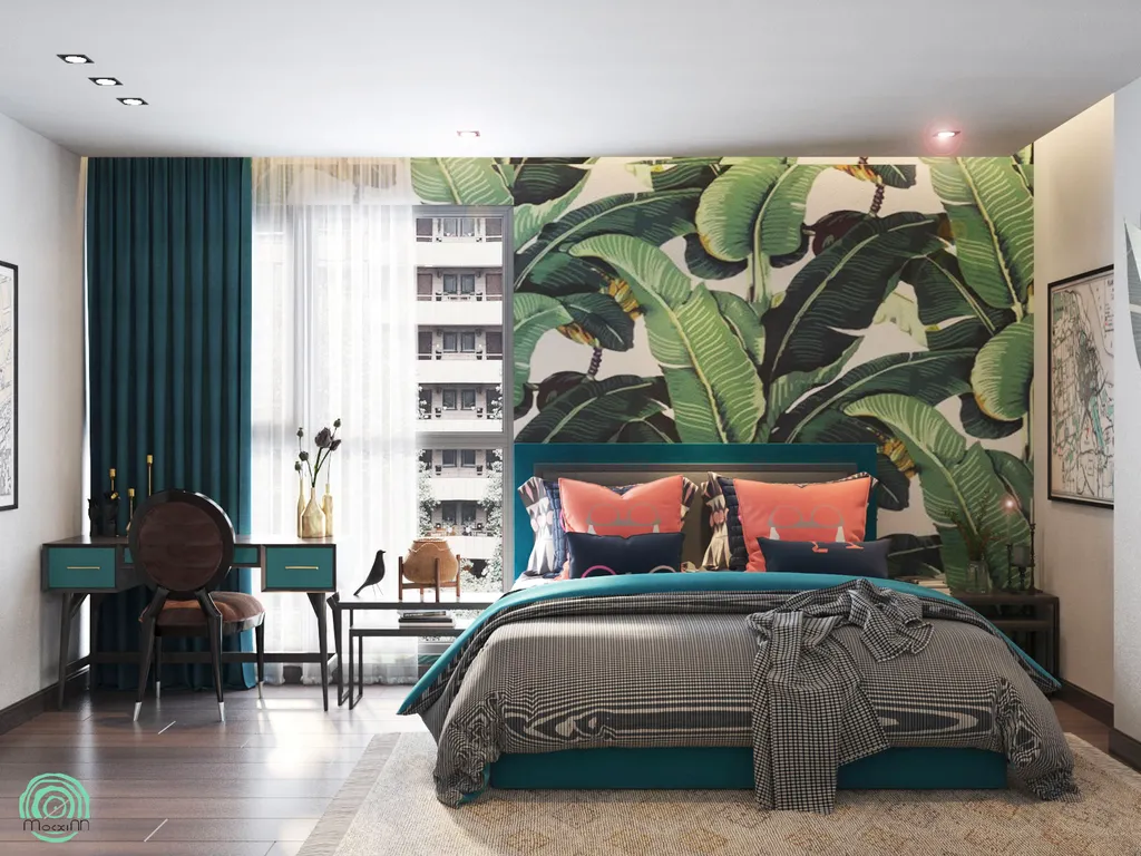 Phòng ngủ theo phong cách tropical nổi bật với góc làm việc nhỏ cạnh cửa sổ