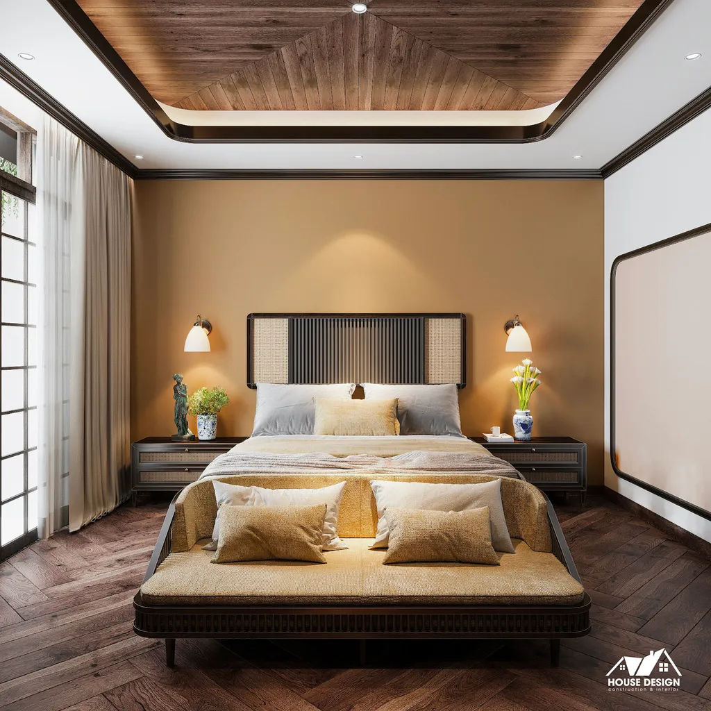 Phòng ngủ tuy đơn giản nhưng được thiết kế với các hoạ tiết hình học - đặc trưng của phong cách Indochine