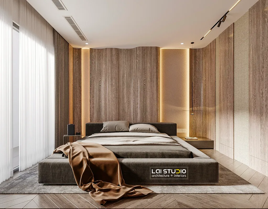 Phòng ngủ với cách bày trí hiện đại và ấn tượng, vừa tạo dấu ấn thẩm mỹ, đồng thời, hướng đến giá trị sống bền vững cho chủ nhân sở hữu