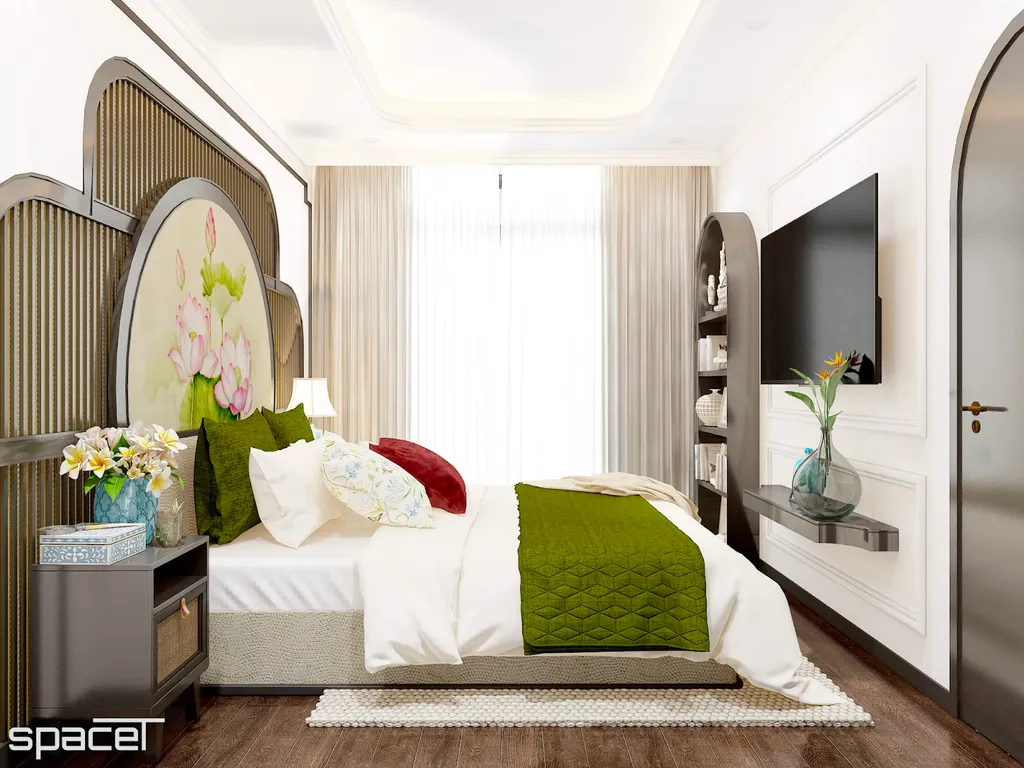 Phòng ngủ với lối trang trí đơn giản nhưng vẫn chứa đựng những đặc điểm mà chỉ phong cách Indochine mới có