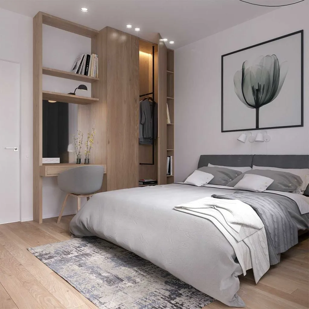Phòng ngủ với tông màu xám trắng tạo nên cảm giác thoải mái, dễ chịu, kết hợp nội thất gỗ đèn tường đồng màu để mang tới cho nơi nghỉ ngơi cảm giác thư thả tối đa.