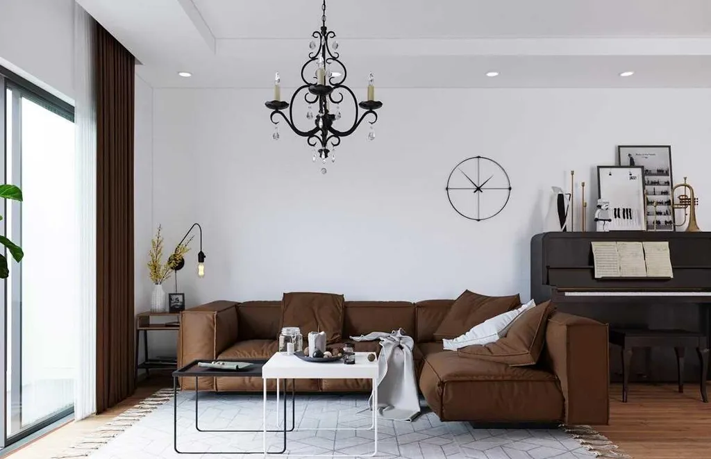 Sofa và rèm cửa cùng màu với sàn, tương phản với tường và thảm tạo nên ấn tượng thị giác mạnh mẽ cho phòng khách. Nội thất đề cao sự tối giản và công năng nhưng không kém phần tinh tế, hiện đại. 