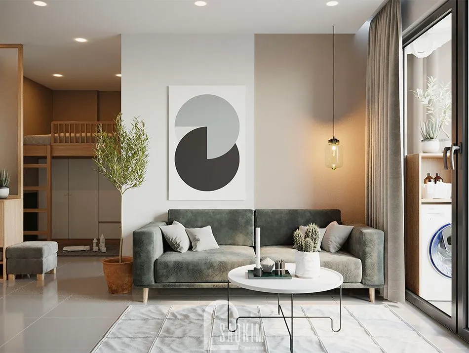 Thiết kế phòng khách ấn tượng với phong cách khối màu lạ mắt cùng với các chi tiết nội thất đồng bộ tông màu (trắng - cam - xám) ấm cúng và sinh động