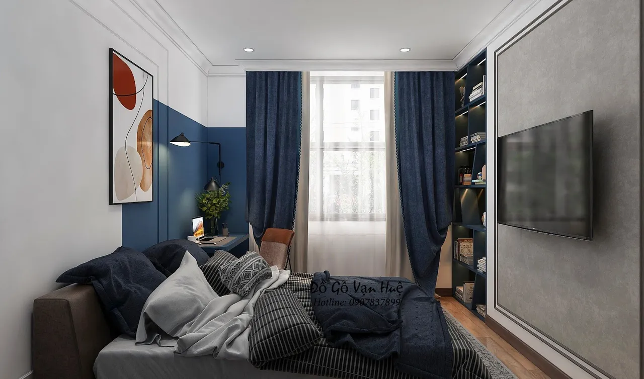 Công ty Đồ Gỗ Vạn Huệ sử dụng màu xanh coban phối cùng màu xám cho phòng ngủ thêm ấn tượng