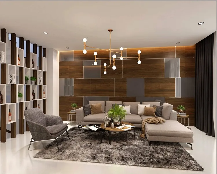 Không gian phòng khách nhà phố được Nội thất T&T thiết kế ấn tượng với vách ốp gỗ và kính