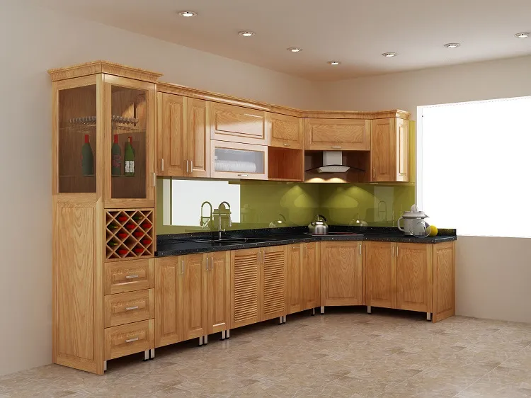 Mẫu tủ bếp inox cánh gỗ sồi này rất thích hợp với những gia chủ thích sự giản đơn và gọn nhẹ