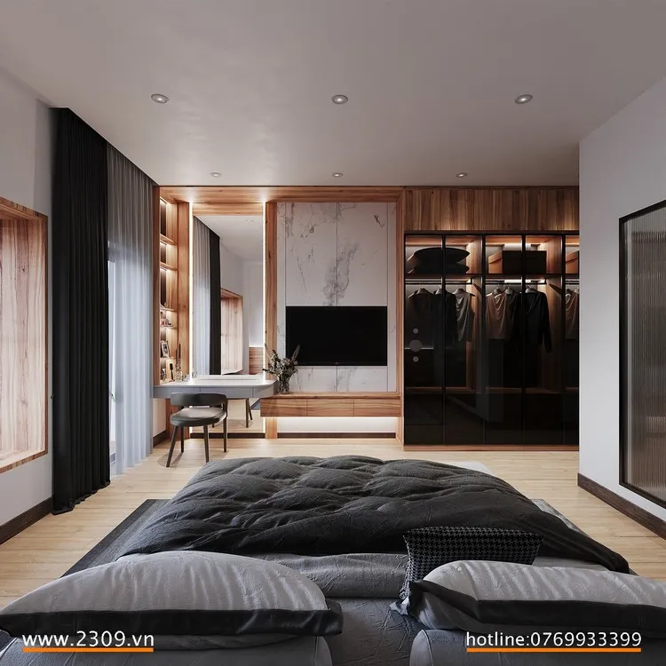 Phòng ngủ chính hiện đại mang gam màu trầm ấm do Nội thất Decor 2309 thiết kế