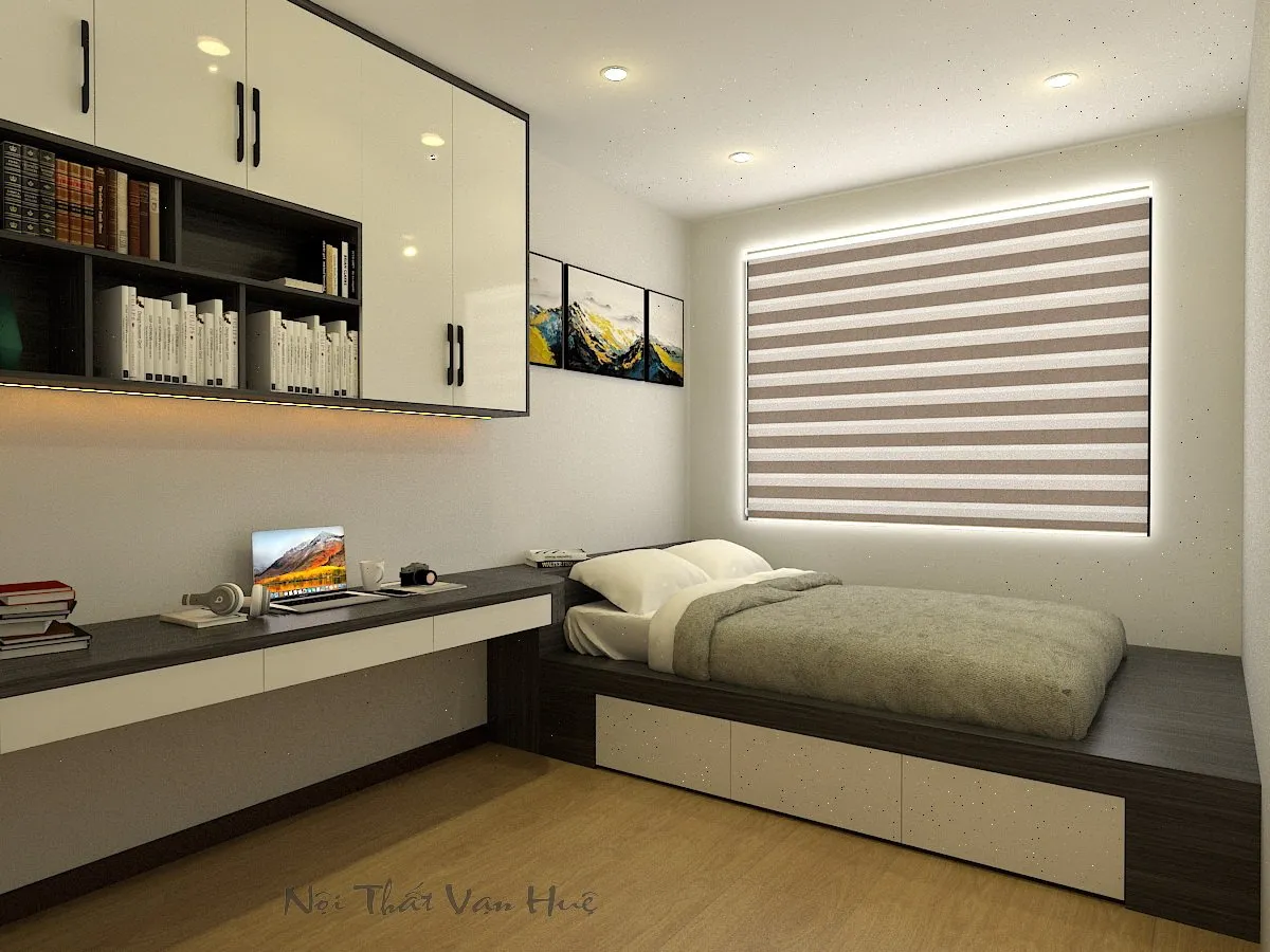 Phòng ngủ phụ có thiết kế đơn giản và tận dụng tối đa diện tích do Công ty Đồ Gỗ Vạn Huệ thi công
