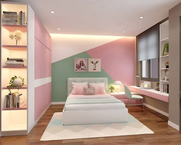 Phòng ngủ trẻ em mang gam màu xanh hồng pastel do Nội thất T&T thiết kế