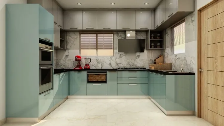 Tủ bếp nhựa phủ Acrylic màu xanh bạc hà nhạt kết hợp với tường ốp đá nhẹ nhàng, sang trọng.