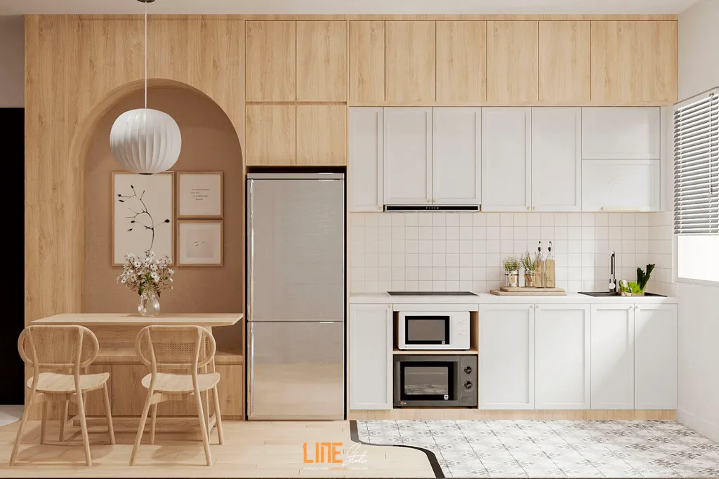 Bếp chữ I hiện đại với nội thất màu trắng đặc trưng của phong cách Scandinavian. Góc bếp với vật liệu gỗ là lựa chọn tuyệt vời để gia đình bạn có nhiều trải nghiệm độc đáo.