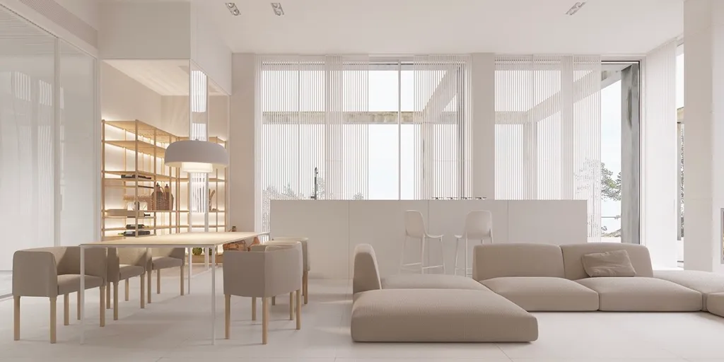 Không gian phòng khách và nhà bếp liền nhau, bạn có thể chọn các mẫu nội thất mộc mạc để tạo sự ấm cúng