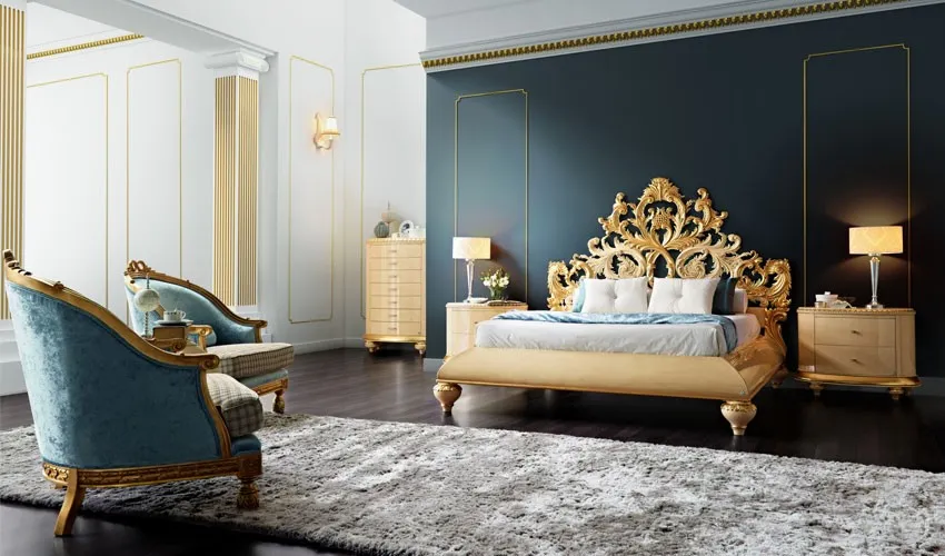 Không gian phòng ngủ sang trọng theo phong cách Baroque với chất liệu nhung, lông cùng tông màu ấn tượng.
