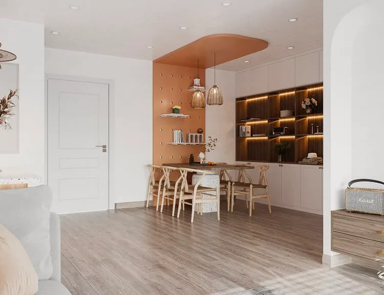 Mẫu thiết kế mang nét đơn giản, gần gũi nhưng tinh tế khi tạo không gian mở cho phòng khách và phòng bếp