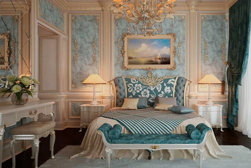 Những món nội thất nổi bật với đường cong mềm mại và chất liệu cao cấp là bí quyết tạo nên sự sang trọng cho phòng ngủ phong cách Baroque