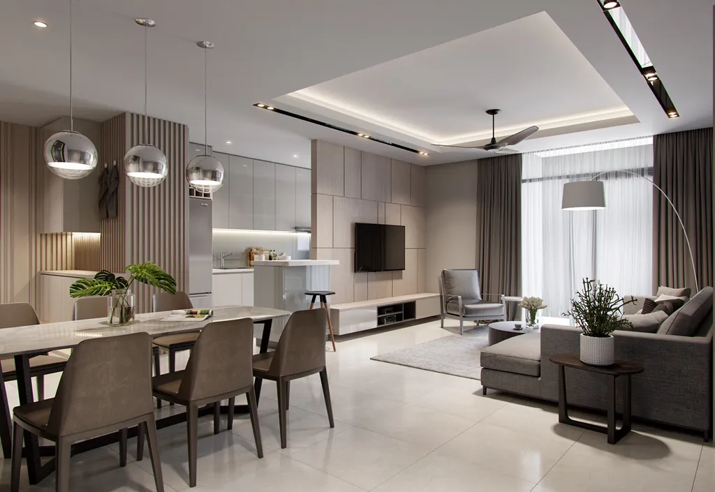 Phòng ăn của chung cư 3 phòng ngủ thêm sang trọng với phong cách Modern