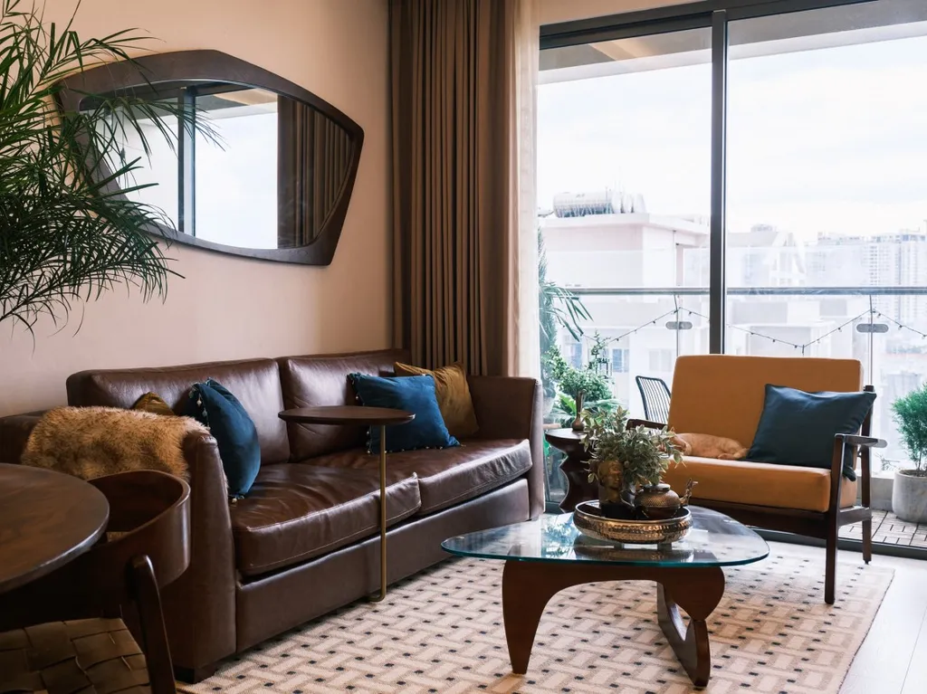 Phòng khách căn hộ phong cách Mid-century Modern sang trọng