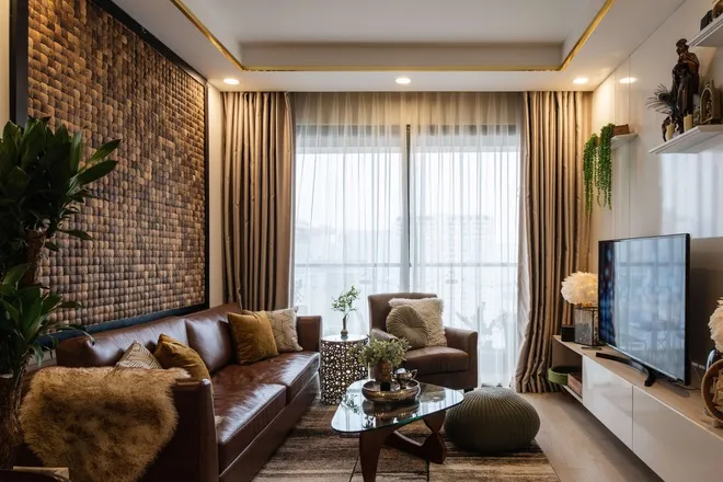 Phòng khách Mid-century Modern với tone nâu trầm 