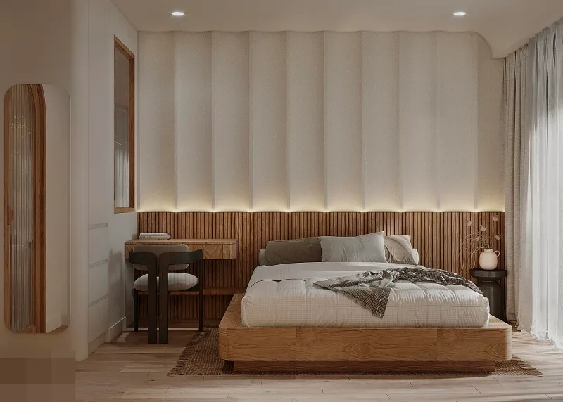 Phòng ngủ được thiết kế với gam màu cùng tông tạo cảm giác ấm áp, gần gũi. Điểm nhấn của căn phòng là phần kiến trúc lạ mắt phía đầu giường kết hợp cùng hệ đèn vàng mang đến bầu không khí lãng mạn và tao nhã