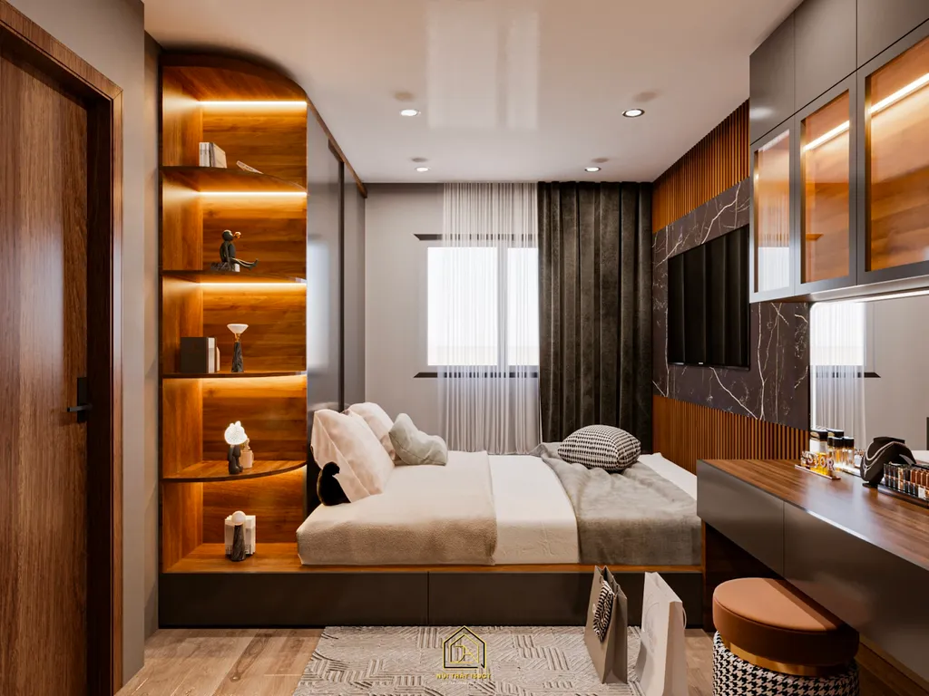 Phòng ngủ tuy có diện tích tương đối nhỏ nhưng vẫn gợi lên sự sang trọng trong từng chi tiết