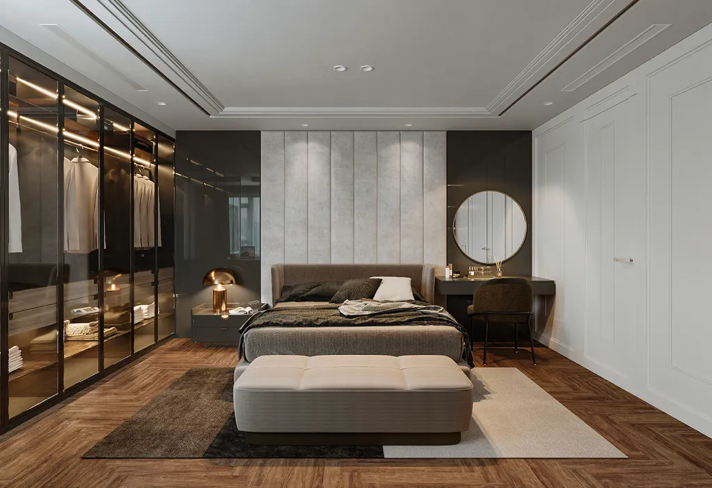 Phòng ngủ với tông màu xám - đen kết hợp cùng nội thất gỗ toát lên vẻ sang trọng và đẳng cấp