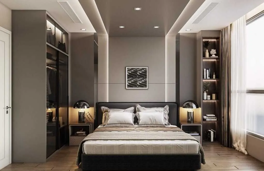 Phòng ngủ với tông màu xám và nâu, đen tinh tế. Điểm nhấn là chiếc đèn bàn Wagenfeld – dấu ấn đặc trưng của phong cách Bauhaus