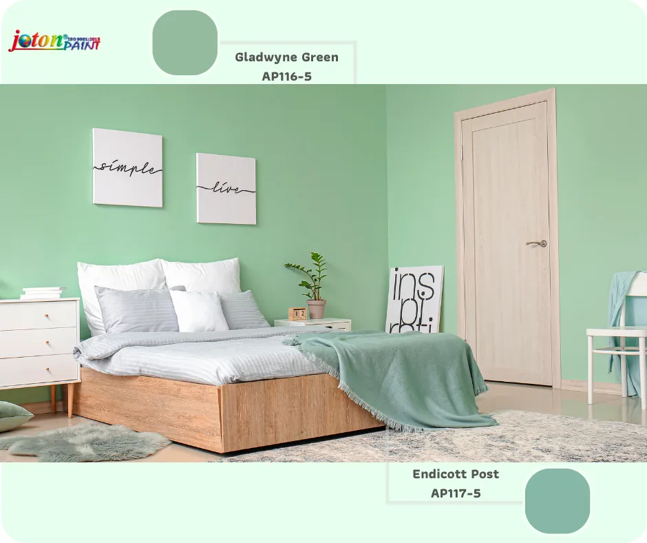 Phòng ngủ với tường màu xanh lá mát mẻ 
