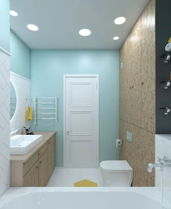 Phòng tắm pastel với nội thất giản lược làm rộng không gian