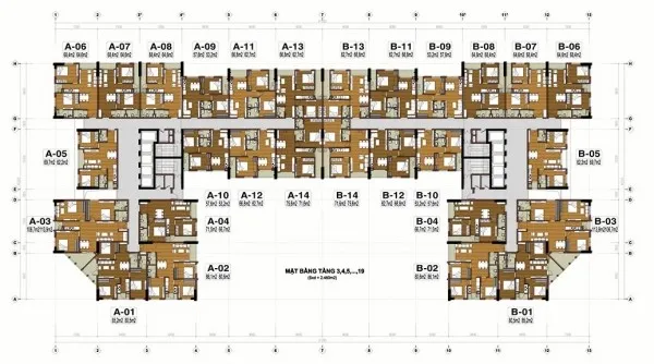 Sơ đồ mặt bằng từ tầng 3 đến tầng 19 với 28 căn hộ