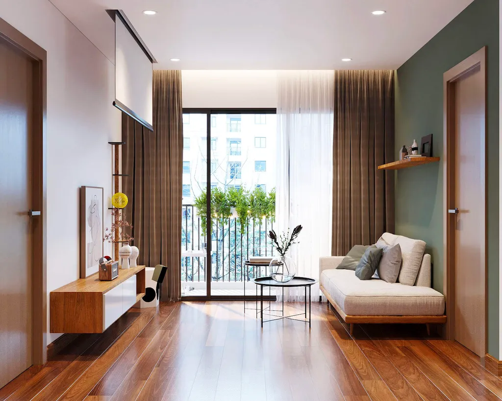 Thiết kế căn hộ theo phong cách hiện đại, điểm thêm tông màu xanh lá làm điểm nhấn cho không gian căn hộ thêm phần tươi tắn và thư giãn