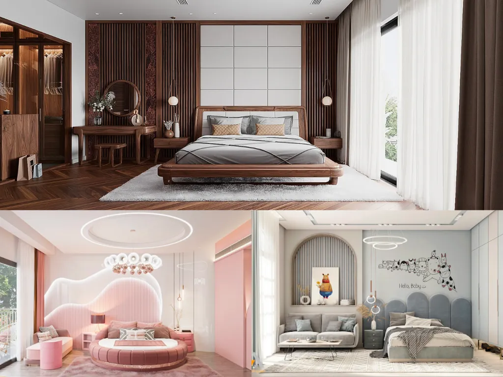 Thiết kế phòng ngủ master hiện đại cùng với phòng ngủ cho bé trai với tông màu xanh xám mạnh mẽ và phòng ngủ cho bé gái với tông màu hồng xinh xắn