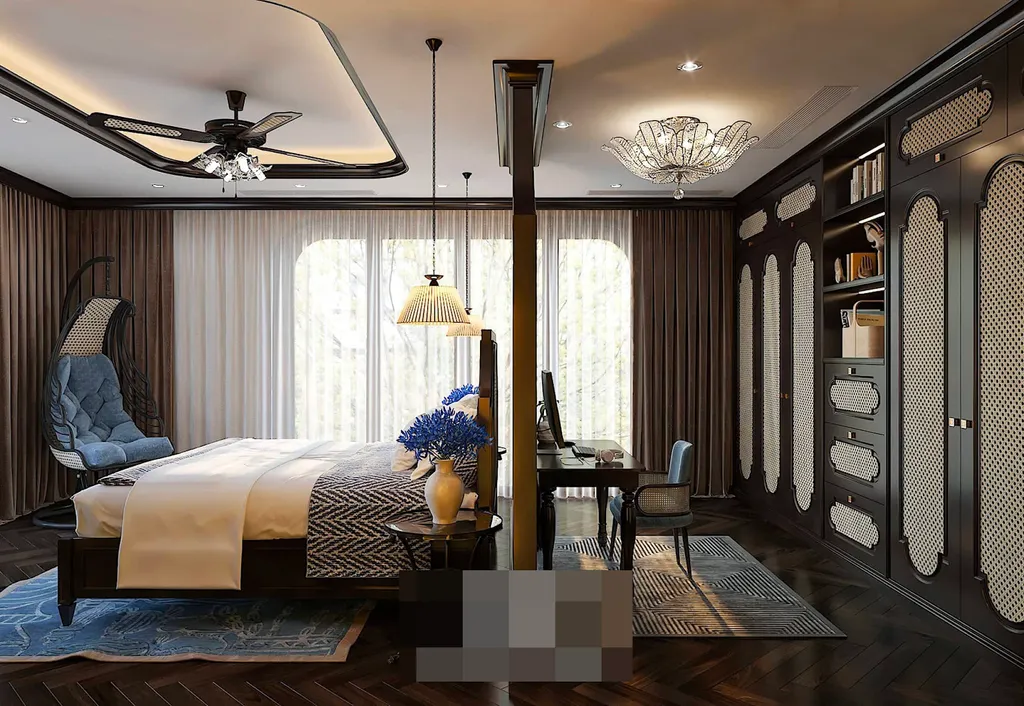 Trái với gam màu tổng thể, thì phòng ngủ lại sở hữu phong cách nhẹ nhàng nhưng cũng toát lên nét sang trọng và lộng lẫy