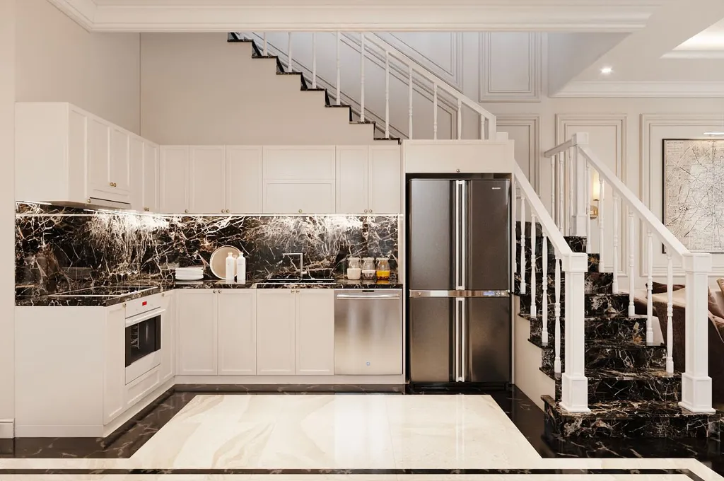 Với những không gian nhỏ như gầm cầu thang để làm tủ bếp, gia chủ nên lựa chọn tone màu sáng để cho cảm giác rộng rãi hơn.