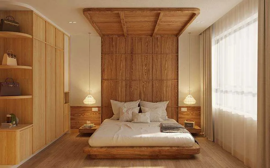 Xuyên suốt trong căn hộ Japandi là sự bao phủ của sắc gỗ ấm áp tự nhiên