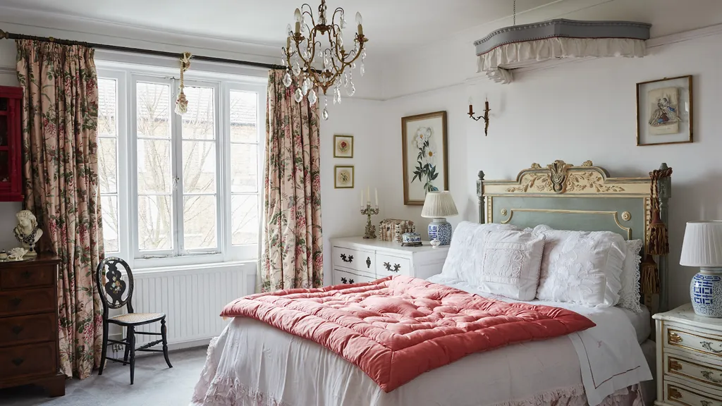 Bạn cũng có thể sử dụng chăn trải giường họa tiết hoa lá nhẹ nhàng, đèn ngủ kiểu cổ điển để tạo cho không gian thêm phần tinh tế và lãng mạn hơn.