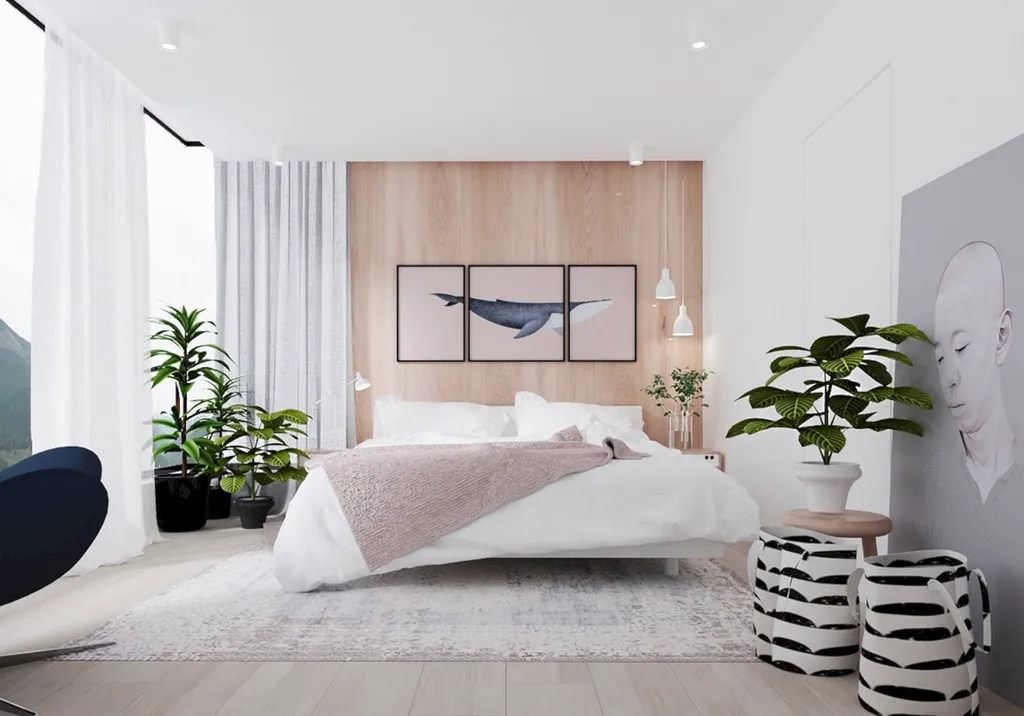 Căn phòng ngủ vô cùng thoải mái và gần gũi hơn khi kết hợp với các chậu cây xanh, vừa tạo được không gian trong lành
