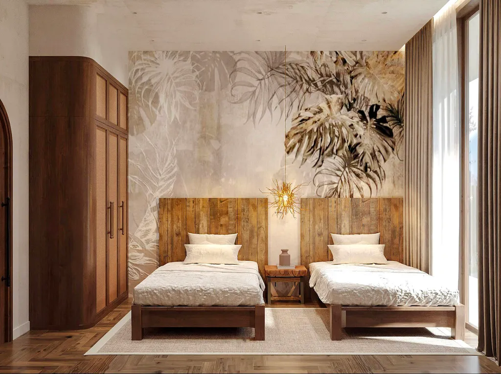 Điểm nổi bật của mẫu thiết kế phòng ngủ là bức tranh tường lớn mang đậm nét nghệ thuật và thẩm mỹ của gia chủ. 