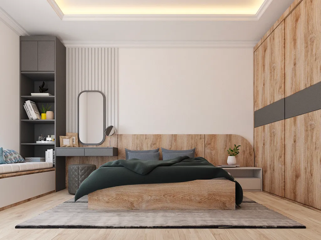 Gỗ được chọn là chất liệu chính cho kiểu thiết kế phòng ngủ này, phối cùng màu trắng và đen tạo nên sự mộc mạc, đơn giản nhưng vẫn có tính thu hút rất đặc biệt