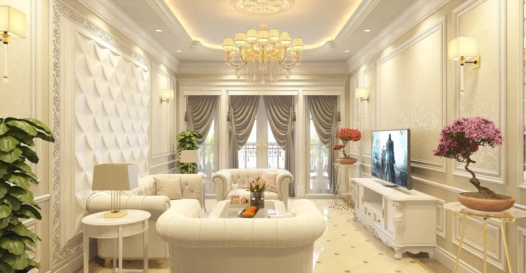 Không gian nội thất phòng khách căn hộ cao cấp phong cách tân cổ điển