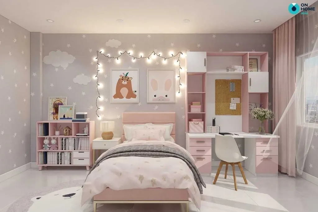 Không gian phòng ngủ đầy mơ mộng với bầu trời đầy sao và sự kết hợp từ nhiều sắc màu khác nhau dành cho các bé gái 10 - 12 tuổi
