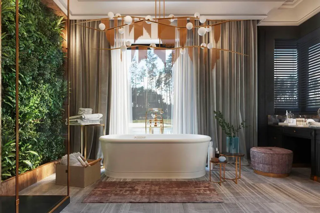 Mẫu phòng tắm thiết kế một mảng tường với cây xanh độc đáo, tận dụng ánh đèn vàng như tạo cho gia chủ cảm giác tựa như lạc vào cánh rừng nhiệt đới