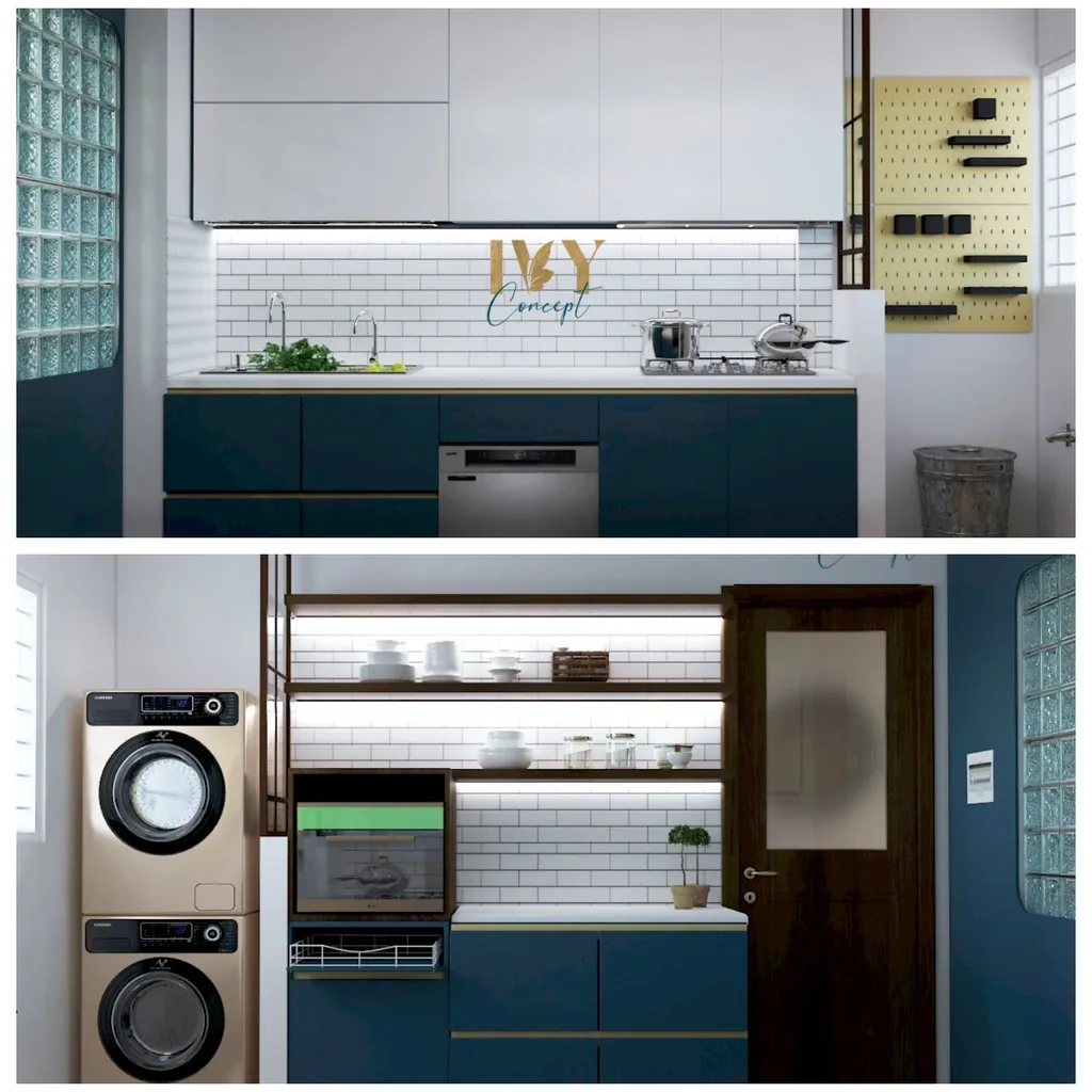Mẫu thiết kế phòng bếp tích hợp cùng phòng giặt đồ phong cách industrial