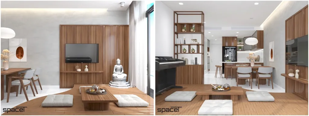 Mẫu thiết kế phòng khách với nội thất với chất liệu gỗ